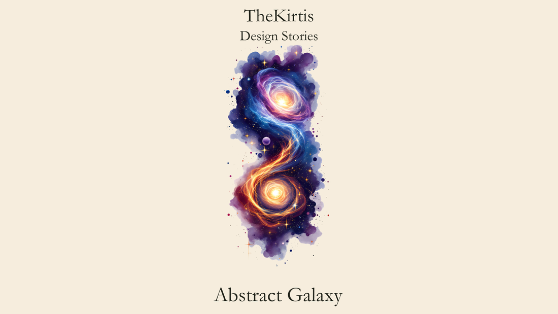 Abstract Galaxy Design Stories cover by TheKirtis, featuring blue and orange galaxies connected by flowing cosmic light with a purple planet between them.