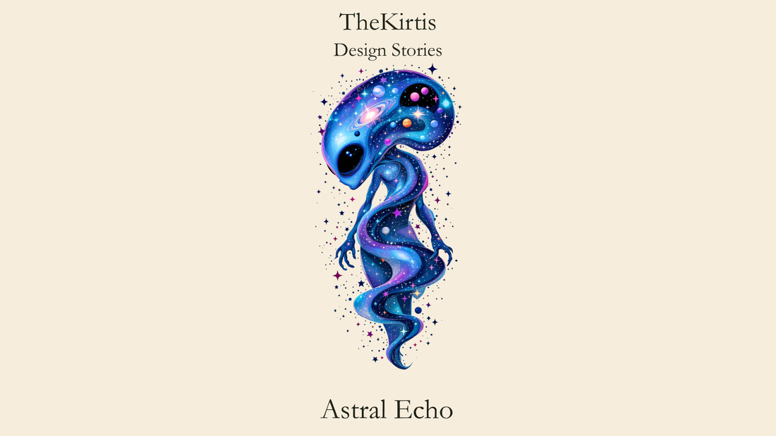 Astral Echo Design Stories cover by TheKirtis, featuring a blue and violet astral being filled with galaxies, stars and colourful planets.