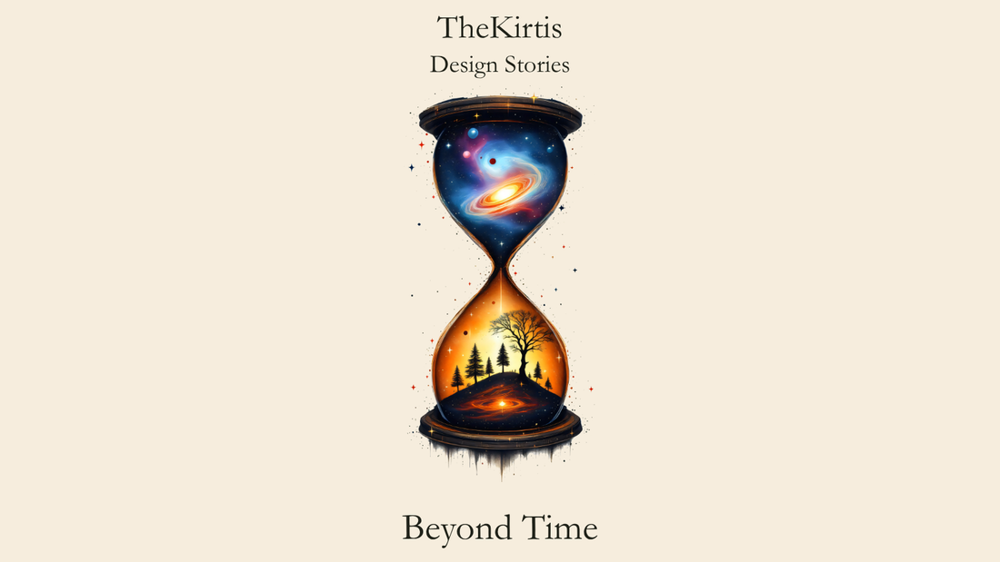 Beyond Time Design Stories cover by TheKirtis, featuring a cosmic hourglass with a galaxy above and a glowing tree-covered world below.