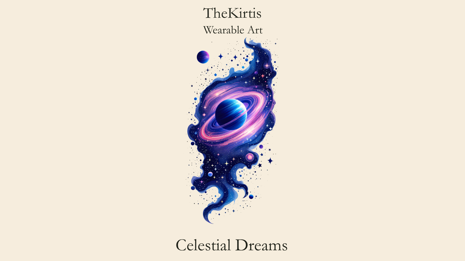 Celestial Dreams design by TheKirtis featuring a blue planet surrounded by a glowing cosmic ring, planets, and stars.