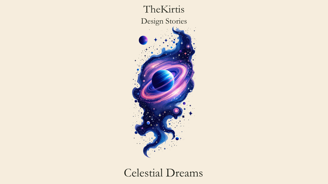 Celestial Dreams Design Stories cover by TheKirtis, featuring a great blue planet surrounded by luminous pink rings, stars and smaller planets.
