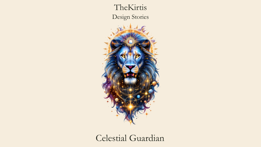 Celestial Guardian Design Stories cover by TheKirtis, featuring a blue lion with golden eyes, a cosmic mane of stars and planets, and a radiant solar ring.