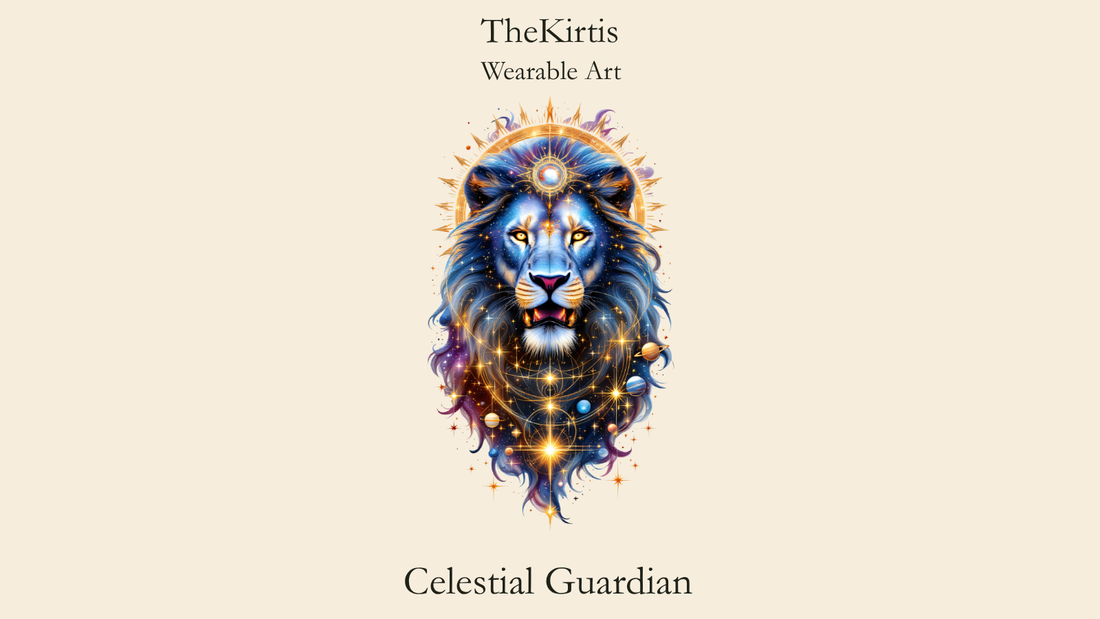 Celestial Guardian design by TheKirtis featuring a lion with galaxies, stars, and planets woven into its mane, crowned by a radiant solar halo.