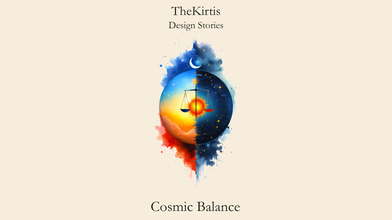 Cosmic Balance Design Stories cover by TheKirtis, featuring balanced scales between a sunlit sky and a starry night beneath a crescent moon.