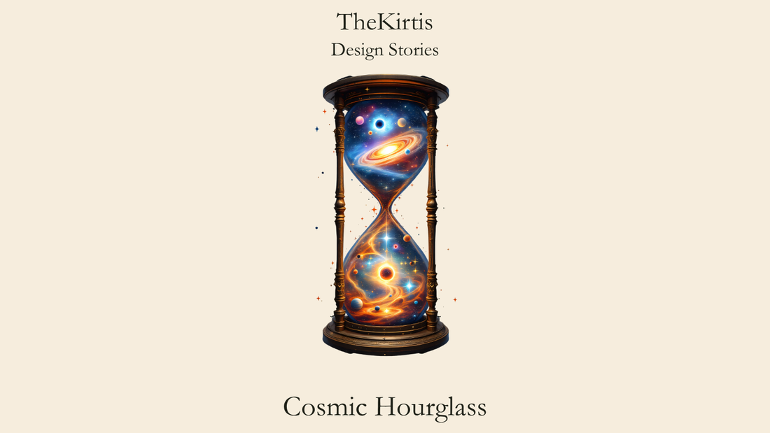 Cosmic Hourglass Design Stories cover by TheKirtis, featuring an ornate hourglass holding galaxies, planets and golden cosmic light within its two chambers.