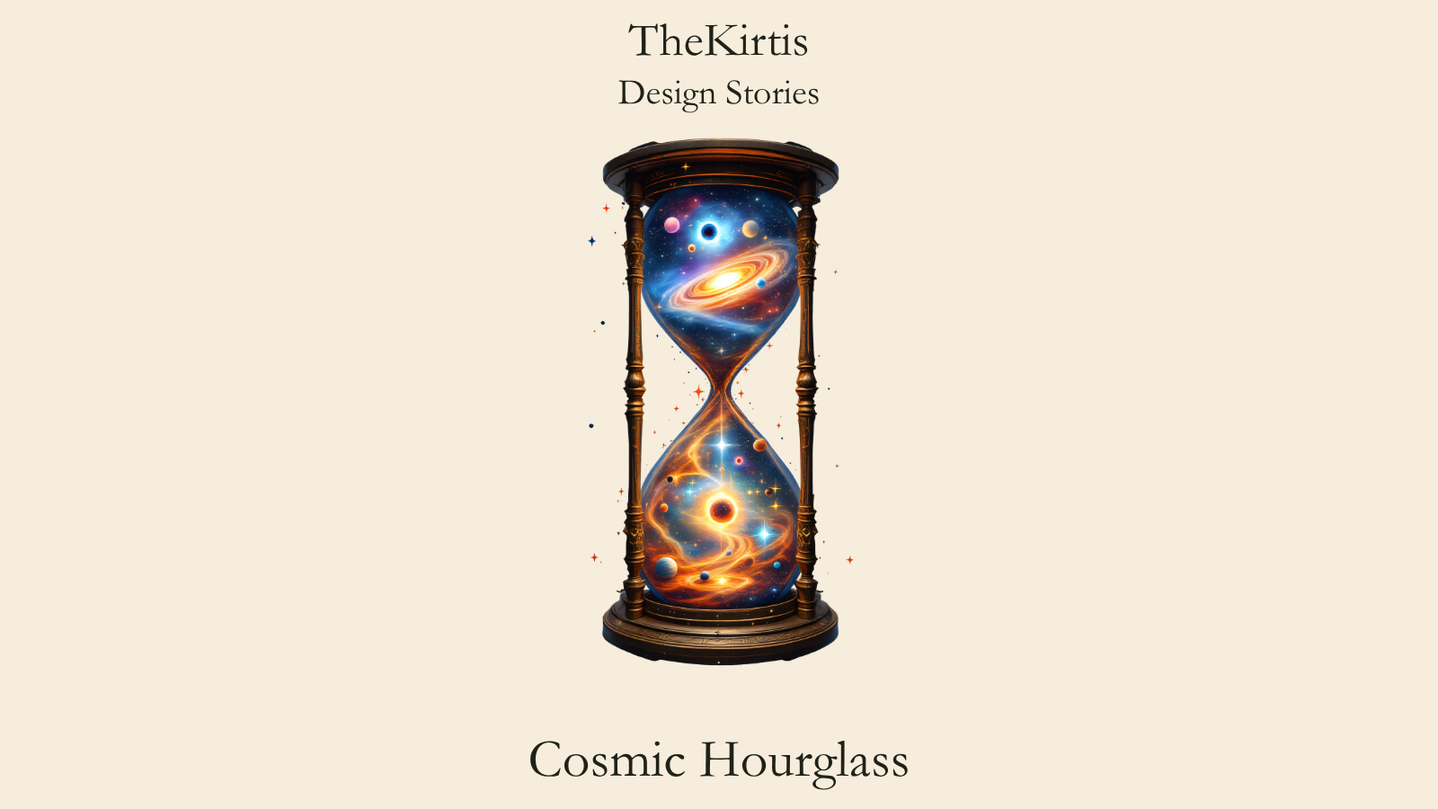 Cosmic Hourglass Design Stories cover by TheKirtis, featuring an ornate hourglass holding galaxies, planets and golden cosmic light within its two chambers.