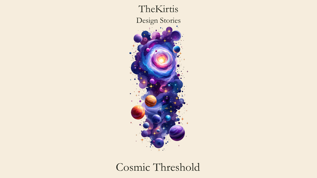Cosmic Threshold Design Stories cover by TheKirtis, featuring a luminous galaxy surrounded by colourful planets, stars and purple cosmic clouds.