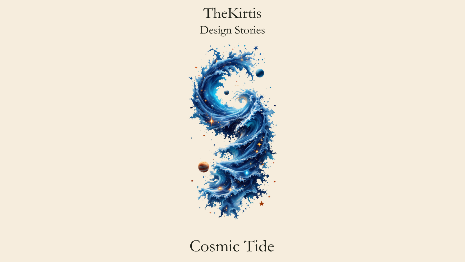 Cosmic Tide Design Stories cover by TheKirtis, featuring blue cosmic waves filled with stars and surrounded by blue and orange planets.