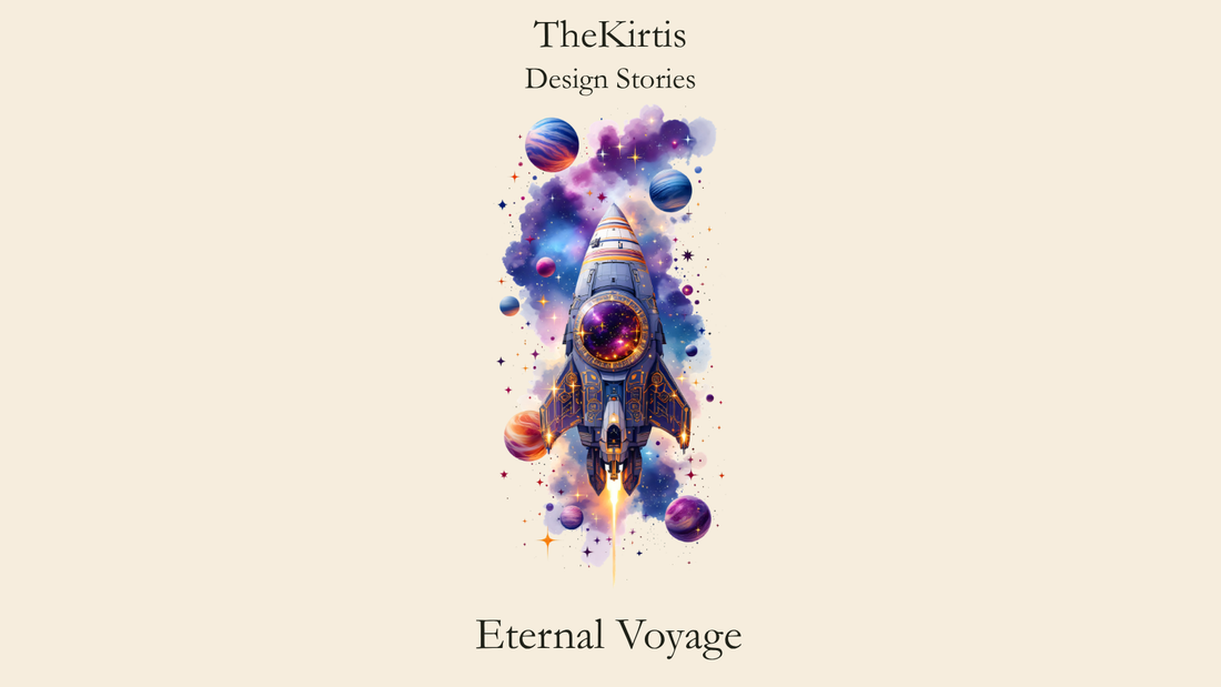 Eternal Voyage Design Stories cover by TheKirtis, featuring a spacecraft travelling through purple cosmic clouds among stars and colourful planets.