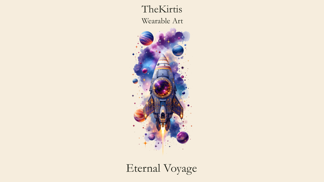 Eternal Voyage design by TheKirtis featuring a spacecraft travelling through a galaxy, surrounded by planets and stars.
