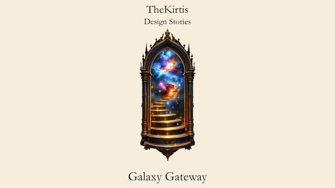 Galaxy Gateway Design Stories cover by TheKirtis, featuring an ornate gateway with a golden staircase leading into a luminous galaxy.
