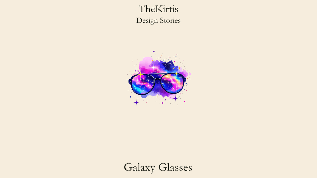 Galaxy Glasses Design Stories cover by TheKirtis, featuring dark-framed glasses filled with blue, pink and violet stars and nebulae.