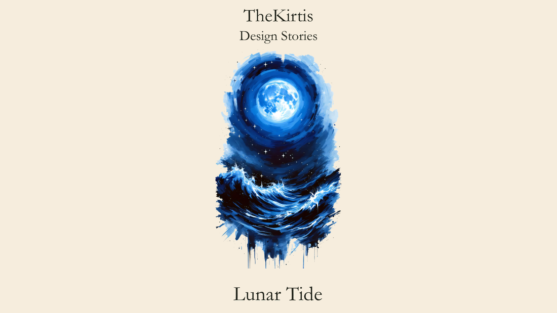 Lunar Tide Design Stories cover by TheKirtis, featuring a luminous full moon above rising dark blue ocean waves beneath a starry sky.