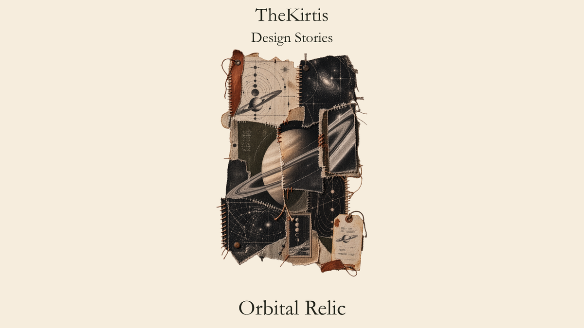 Orbital Relic cosmic collage artwork for TheKirtis Design Stories, featuring Saturn, star maps and stitched archival textures.