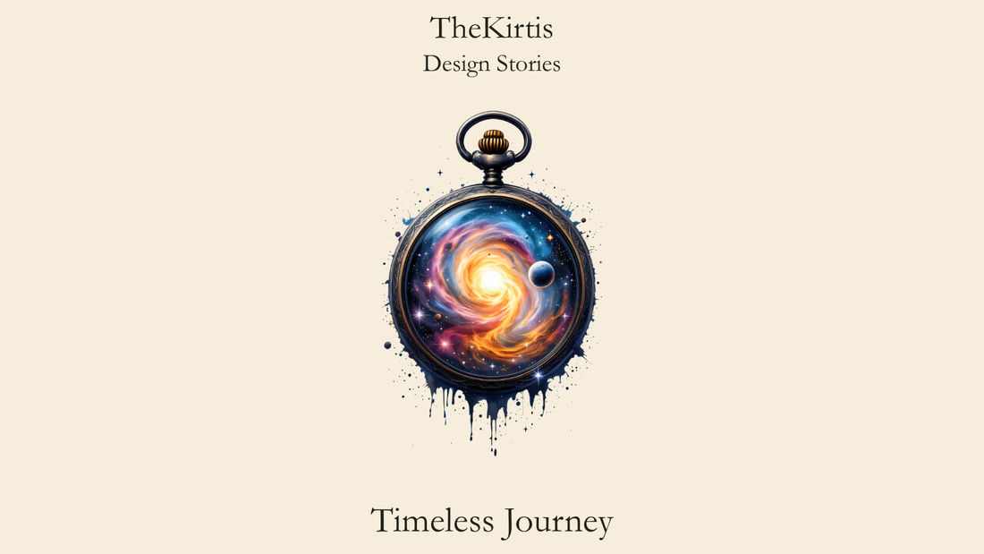 Timeless Journey Design Stories cover by TheKirtis, featuring an ornate pocket watch with a luminous galaxy and planets in place of its dial.