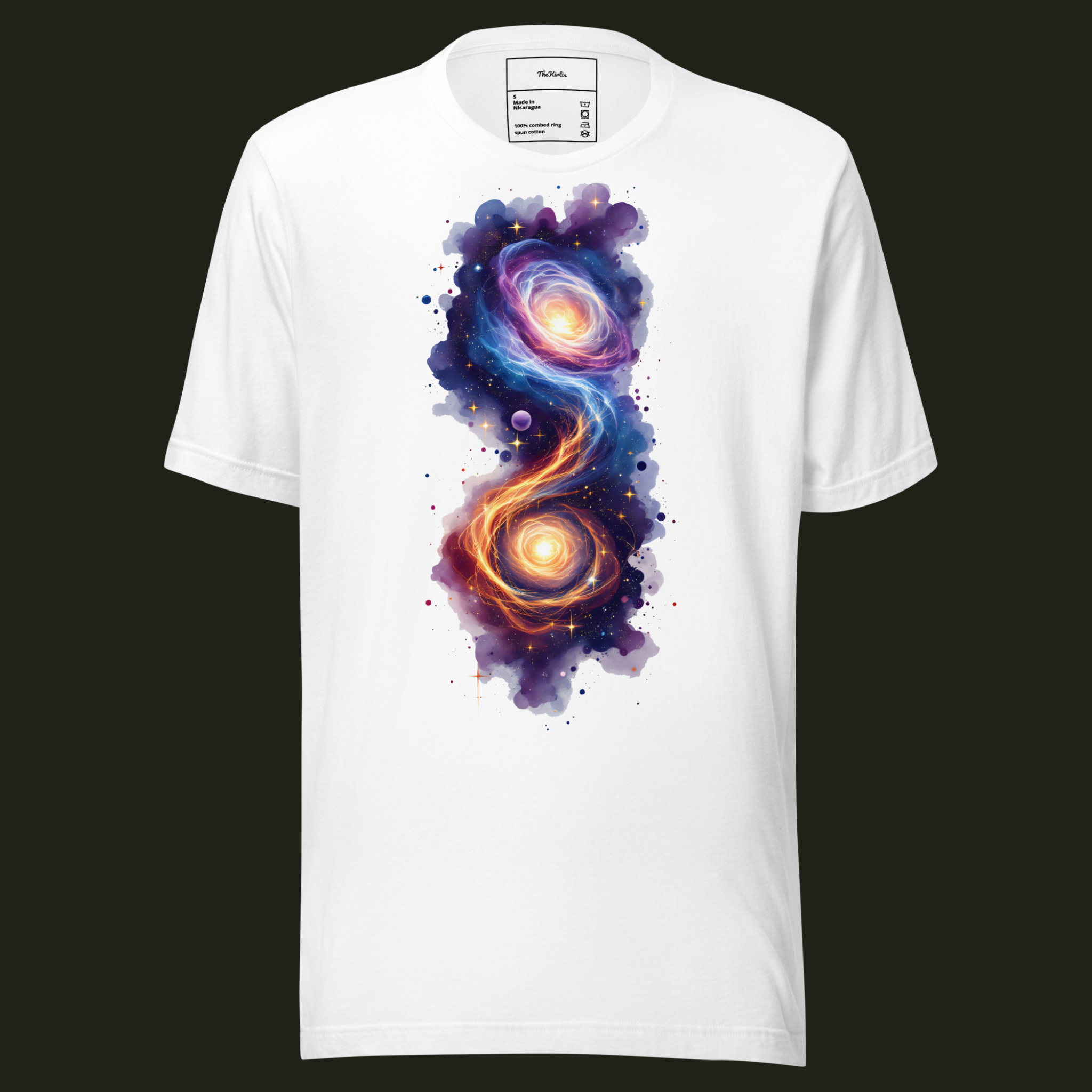 Abstract Galaxy unisex t-shirt in white featuring two glowing abstract galaxies connected by flowing blue and orange energy.