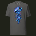 Astral Echo unisex t-shirt in asphalt featuring a cosmic alien figure filled with galaxies, stars, planets, and vibrant space artwork.