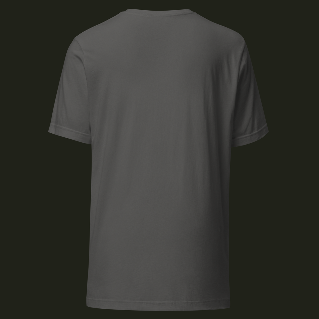 Back view of the asphalt Beyond Time unisex t-shirt with a plain back.