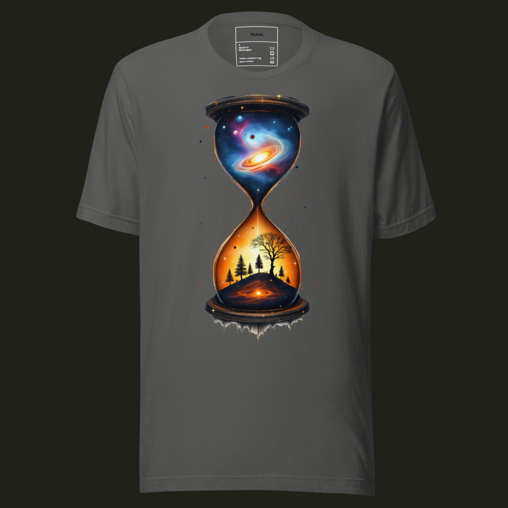 Beyond Time unisex t-shirt in asphalt featuring a cosmic hourglass with a galaxy above and a woodland landscape below.