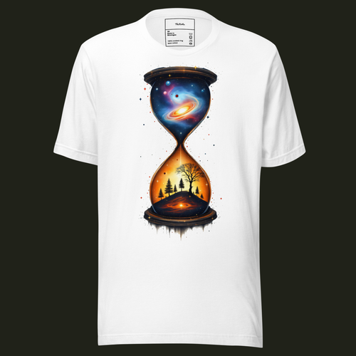 Beyond Time unisex t-shirt in white featuring a cosmic hourglass with a galaxy above and a woodland landscape below.