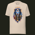 Celestial Guardian unisex t-shirt in soft cream featuring a majestic lion with celestial details, surrounded by stars, planets and a radiant celestial halo.