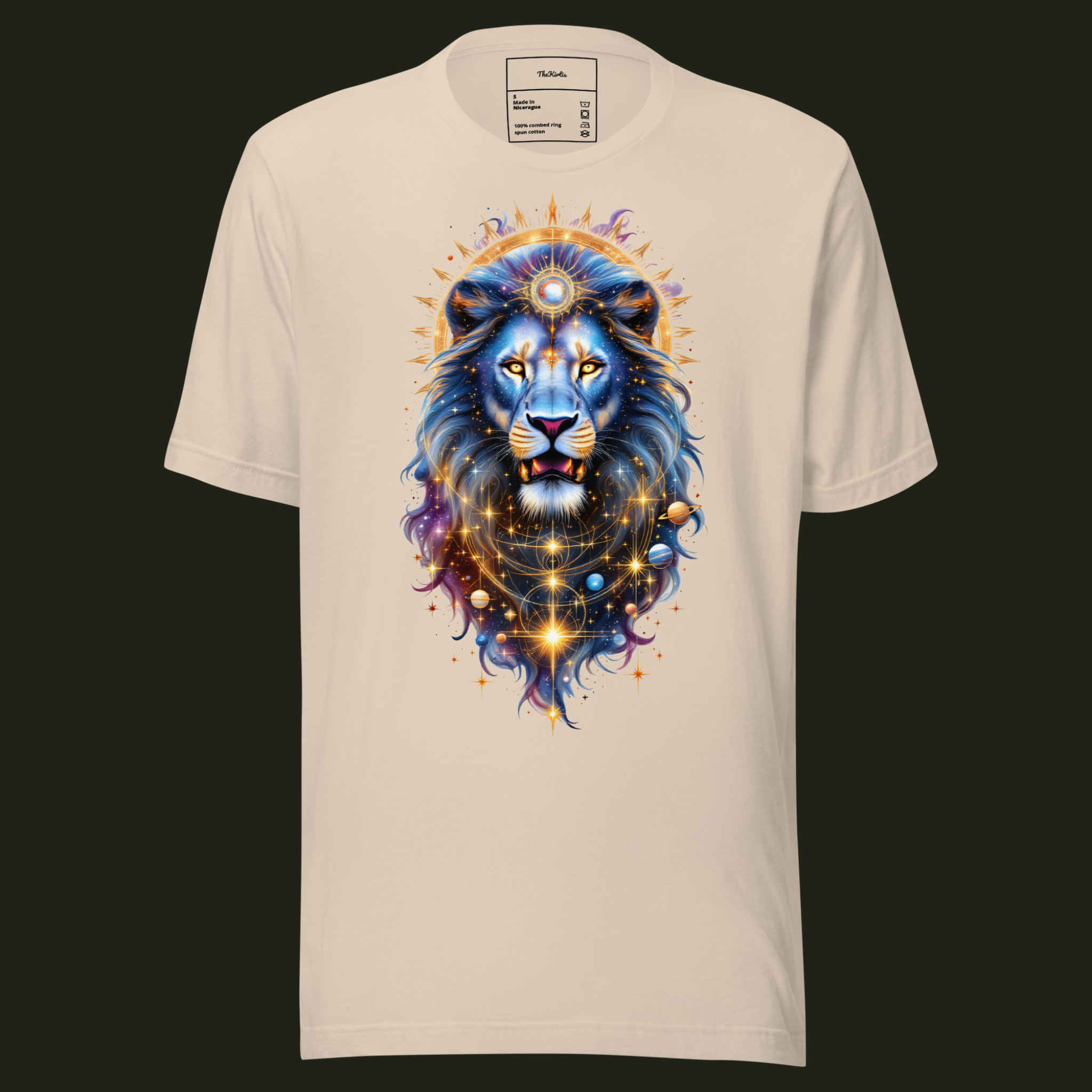 Celestial Guardian unisex t-shirt in soft cream featuring a majestic lion with celestial details, surrounded by stars, planets and a radiant celestial halo.