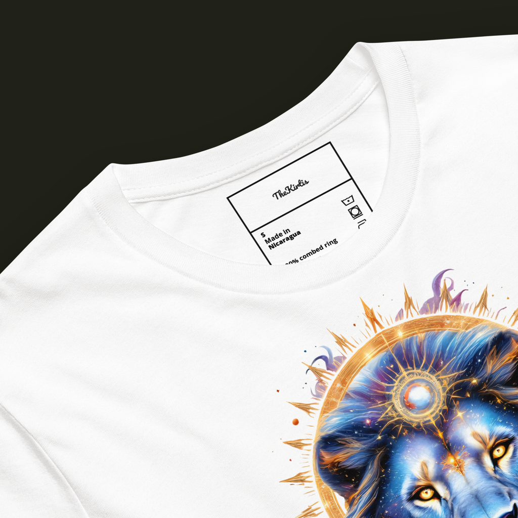 Close-up of the Celestial Guardian artwork on a white unisex t-shirt highlighting the lion's face, celestial halo and intricate cosmic details.