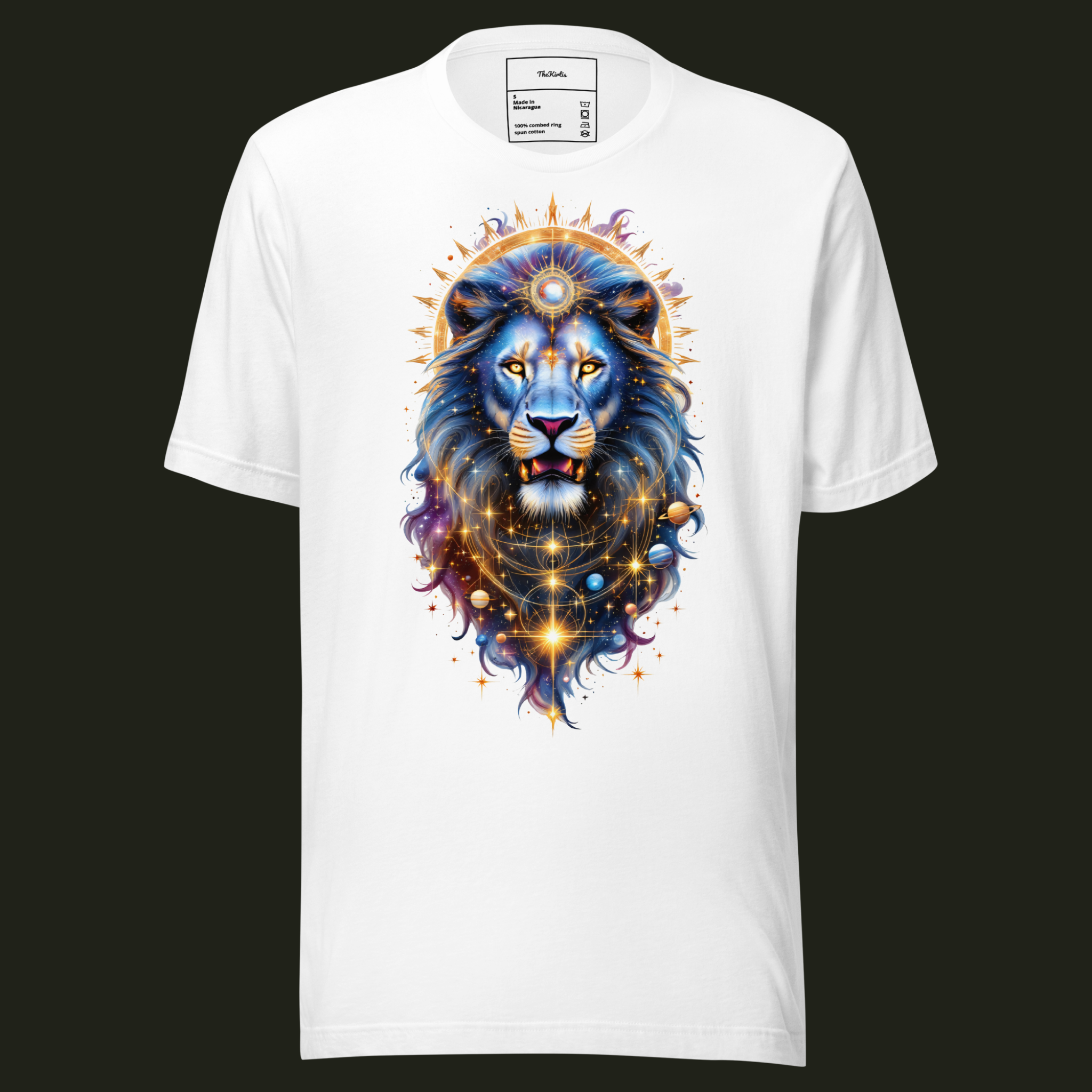 Celestial Guardian unisex t-shirt in white featuring a majestic lion with celestial details, surrounded by stars, planets and a radiant celestial halo.