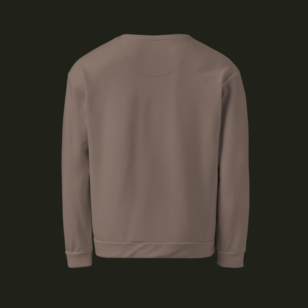 Back view of the Cessavyr recycled unisex sweatshirt in muted warm taupe with long sleeves and a ribbed hem.