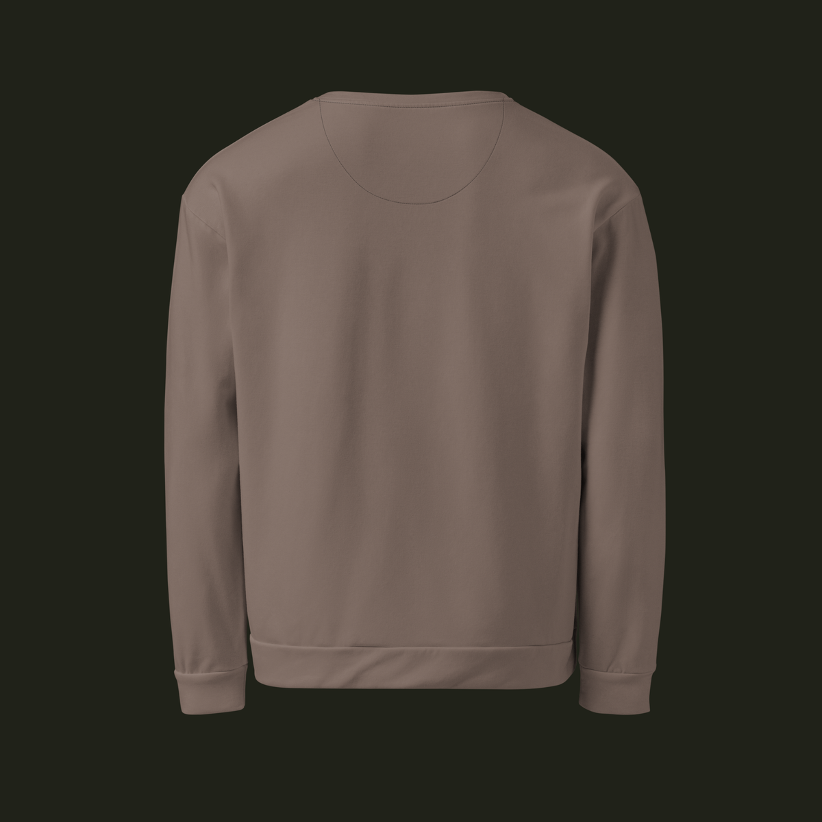 Back view of the Cessavyr recycled unisex sweatshirt in muted warm taupe with long sleeves and a ribbed hem.