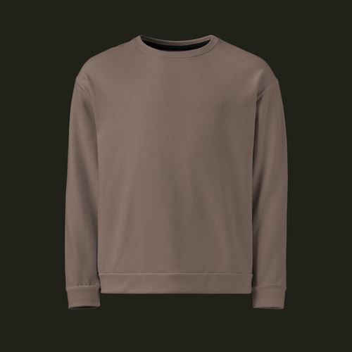 Front view of the Cessavyr recycled unisex sweatshirt in muted warm taupe with a crew neck, long sleeves and ribbed cuffs and hem.