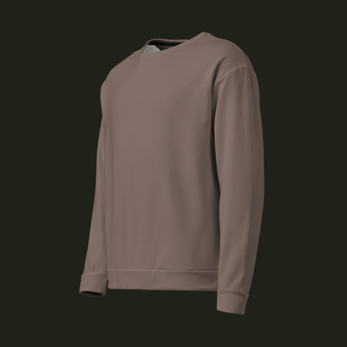 Left-front angled view of the Cessavyr recycled unisex sweatshirt in muted warm taupe, showing the relaxed shape, long sleeves and ribbed finishes.