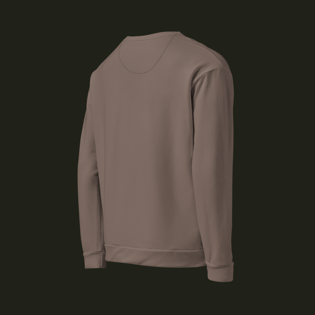 Right-back angled view of the Cessavyr recycled unisex sweatshirt in muted warm taupe, showing the back, long sleeve and ribbed cuff.
