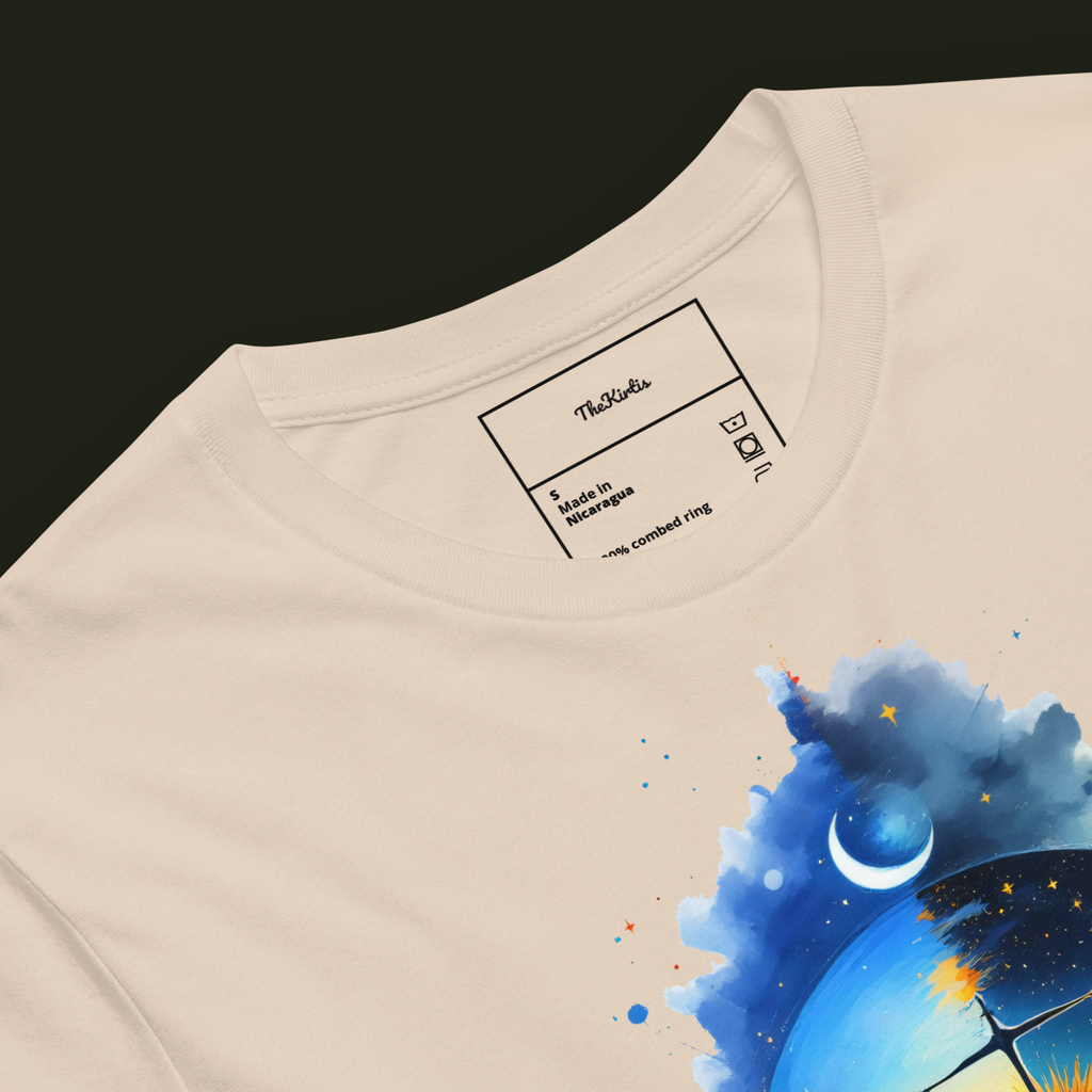 Close-up of the Cosmic Balance artwork on a soft cream unisex t-shirt showing the scale, sun, crescent moon and star-filled sky.
