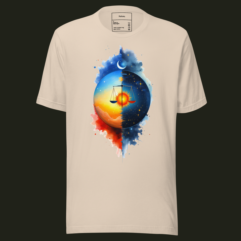 Cosmic Balance unisex t-shirt in soft cream featuring a balanced scale set between the sun, crescent moon, stars and a split day-and-night sky.