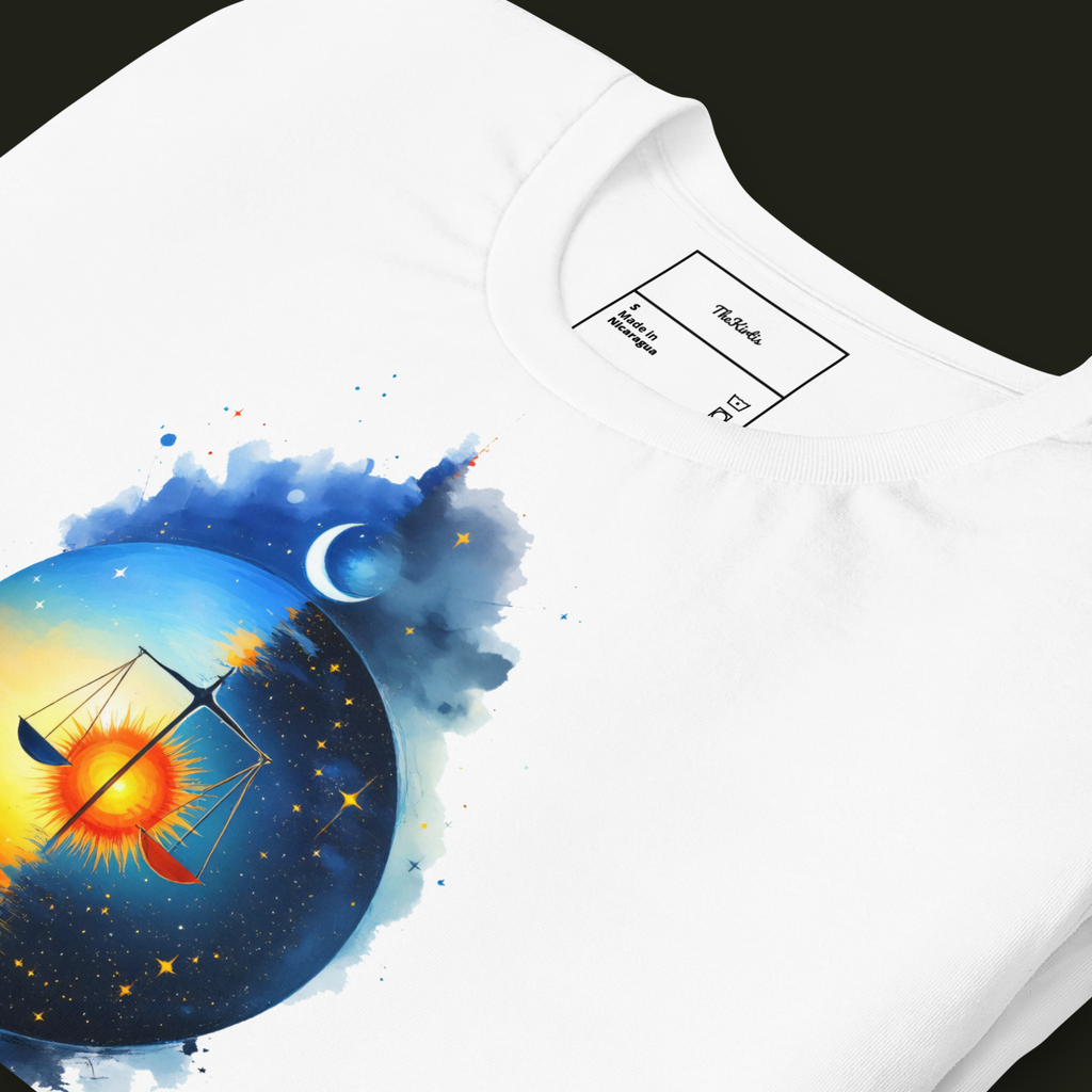 Close-up of the Cosmic Balance artwork on a white unisex t-shirt showing the scale, sun, crescent moon and star-filled sky.