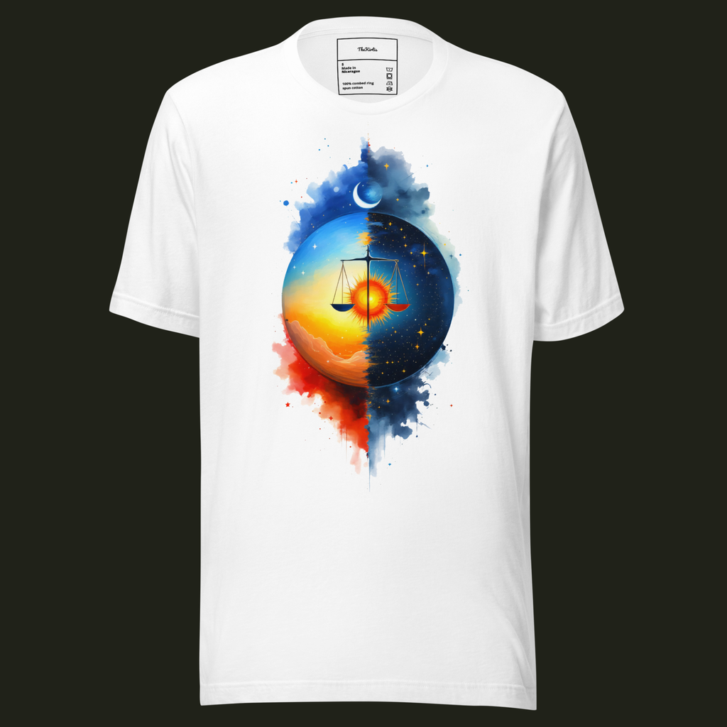 Cosmic Balance unisex t-shirt in white featuring a balanced scale set between the sun, crescent moon, stars and a split day-and-night sky.