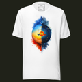 Cosmic Balance unisex t-shirt in white featuring a balanced scale set between the sun, crescent moon, stars and a split day-and-night sky.