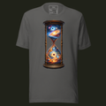 Cosmic Hourglass unisex t-shirt in asphalt featuring a cosmic hourglass filled with galaxies, stars and planets.