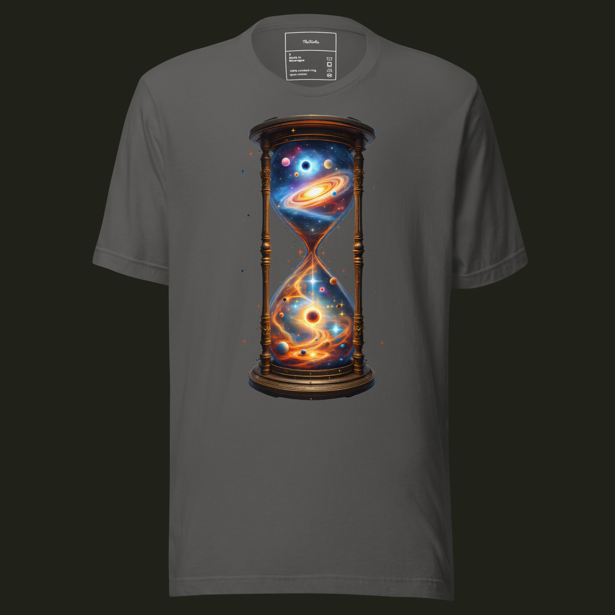 Cosmic Hourglass unisex t-shirt in asphalt featuring a cosmic hourglass filled with galaxies, stars and planets.