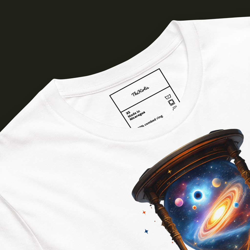 Close-up of the Cosmic Hourglass artwork on a white unisex t-shirt showing the galaxy and planets inside the hourglass.