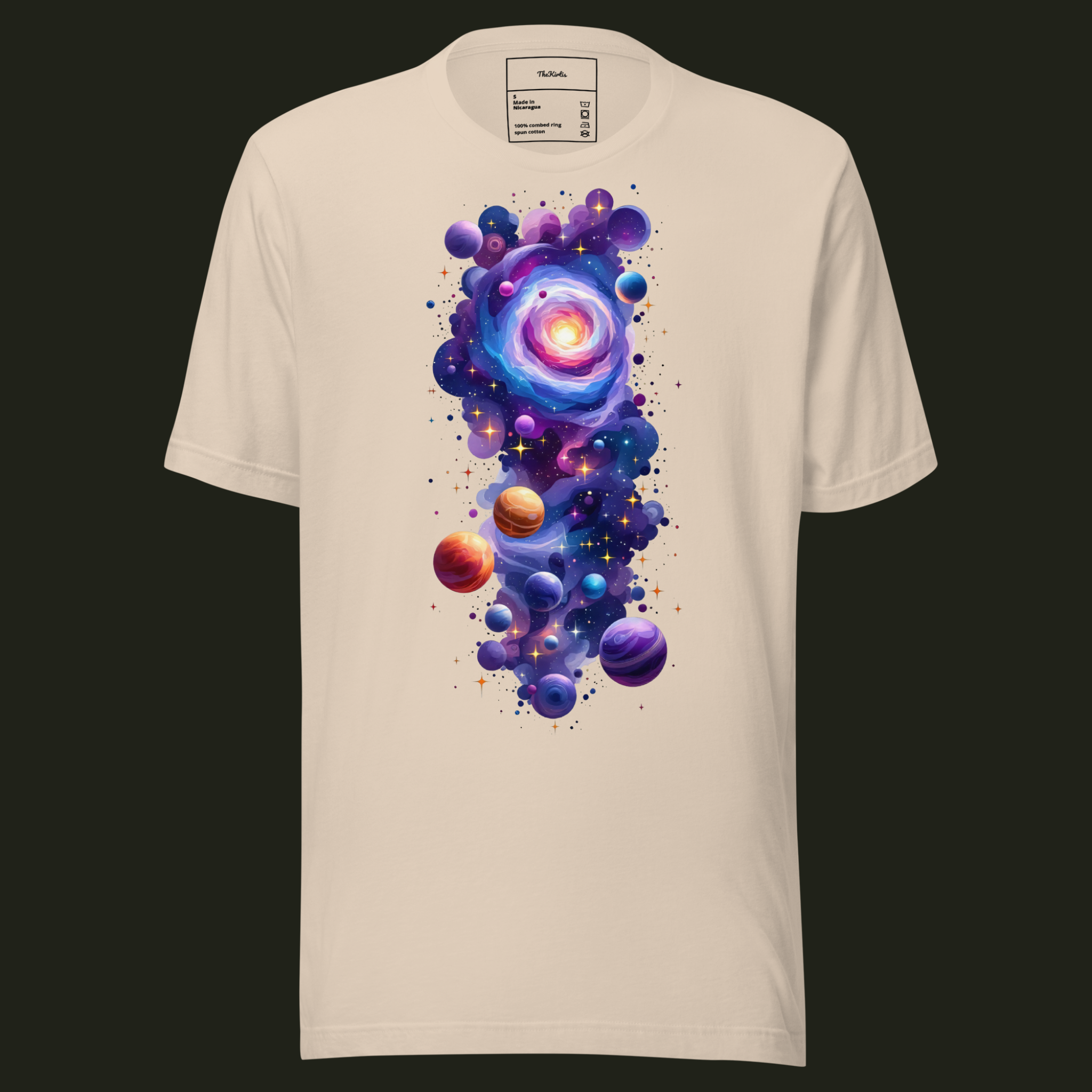 Cosmic Threshold unisex t-shirt in soft cream featuring a luminous spiral galaxy surrounded by planets, stars and vibrant cosmic details.