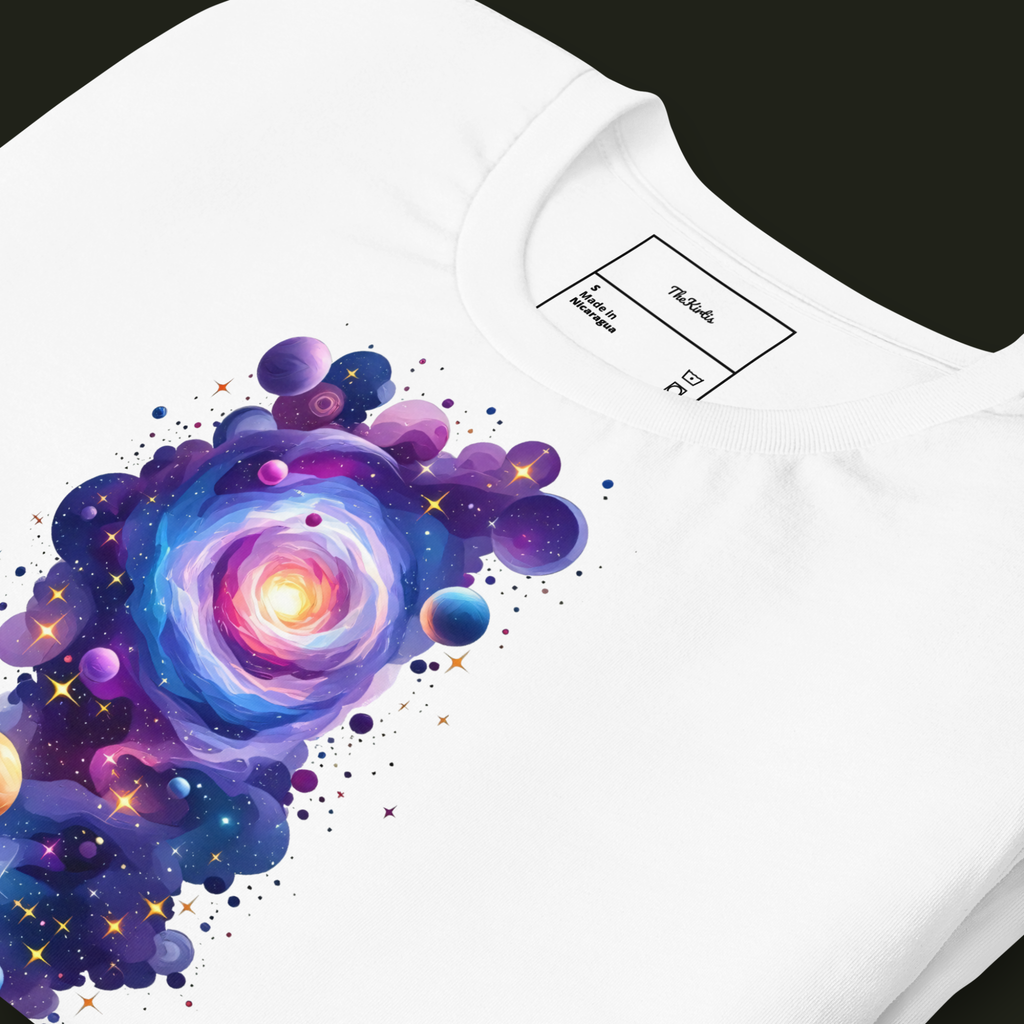 Close-up of the Cosmic Threshold artwork on a white unisex t-shirt highlighting the luminous galaxy, surrounding planets and intricate cosmic details.