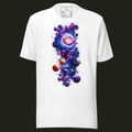 Cosmic Threshold unisex t-shirt in white featuring a luminous spiral galaxy surrounded by planets, stars and vibrant cosmic details.
