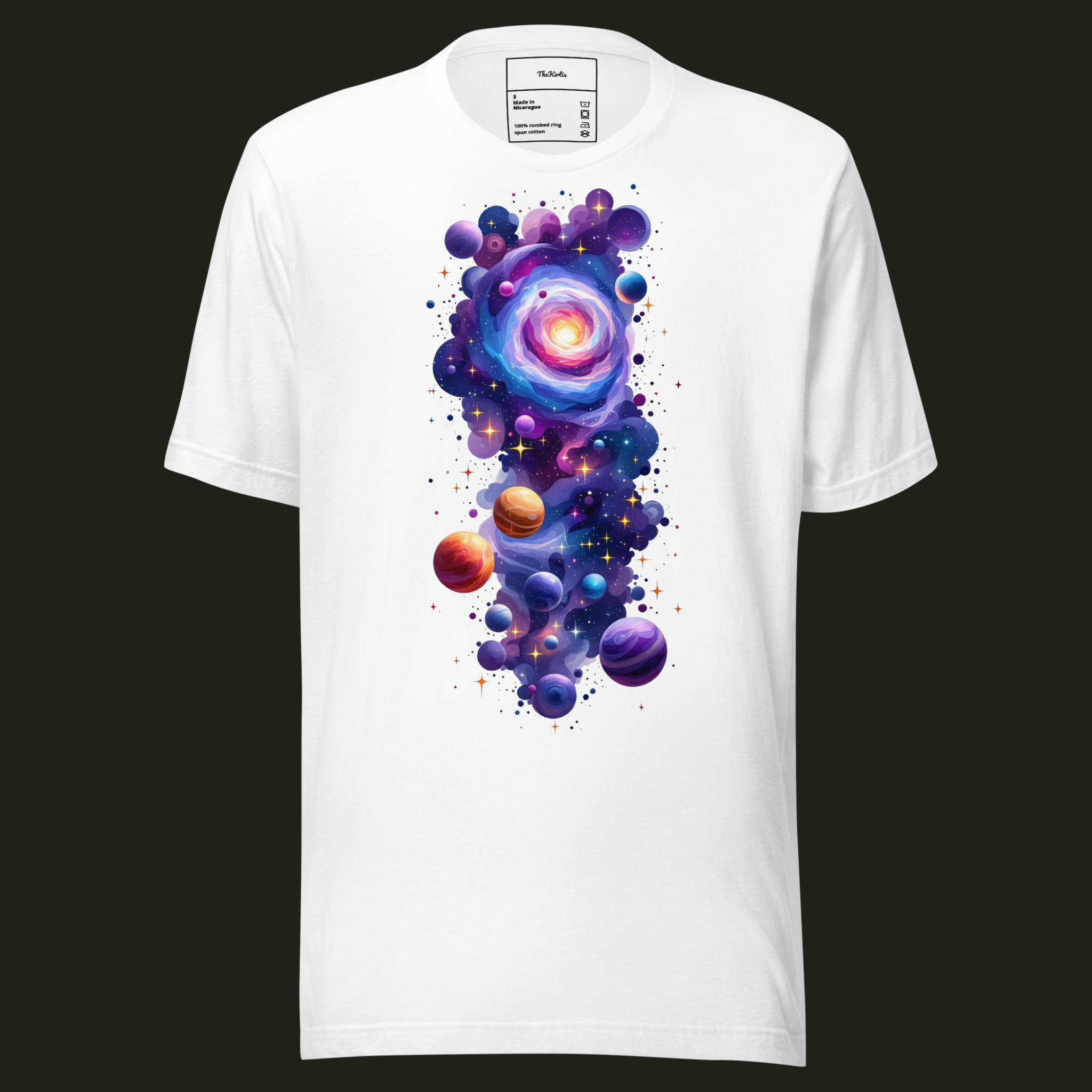 Cosmic Threshold unisex t-shirt in white featuring a luminous spiral galaxy surrounded by planets, stars and vibrant cosmic details.