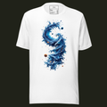 Cosmic Tide unisex t-shirt in white featuring swirling cosmic ocean waves filled with stars and planets.
