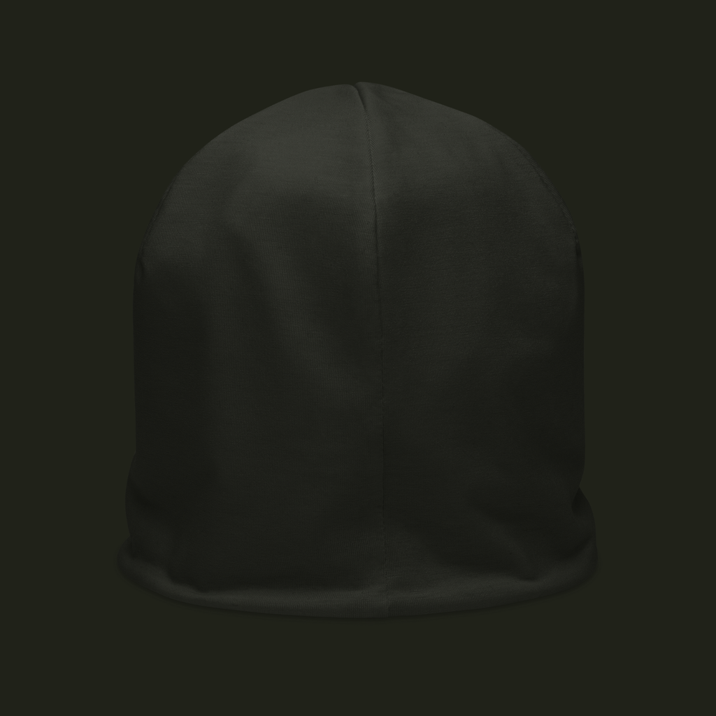 Dornavyn unisex beanie in a deep charcoal tone, shown from the back with a centred seam and clean minimal finish.