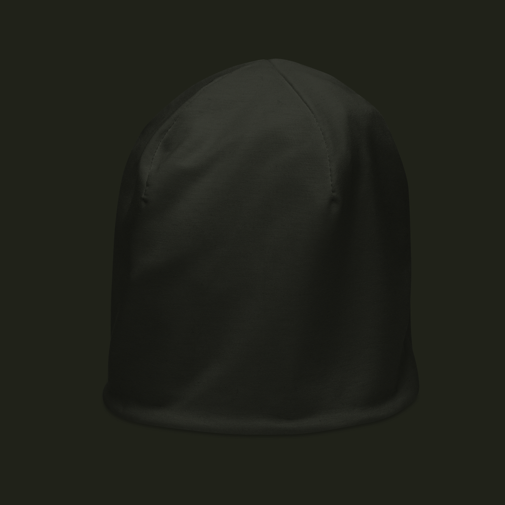 Dornavyn unisex beanie in a deep charcoal tone, shown from the left front with curved crown seams and a smooth finish.