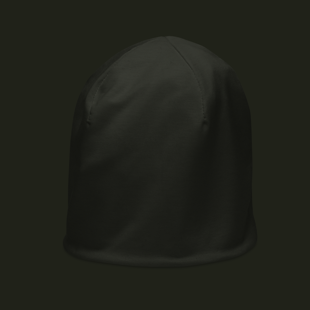 Dornavyn unisex beanie in a deep charcoal tone, shown from the left front with curved crown seams and a smooth finish.