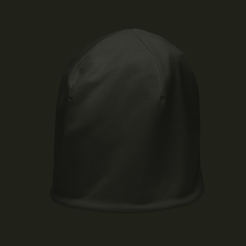 Dornavyn unisex beanie in a deep charcoal tone, shown from the left front with curved crown seams and a smooth finish.